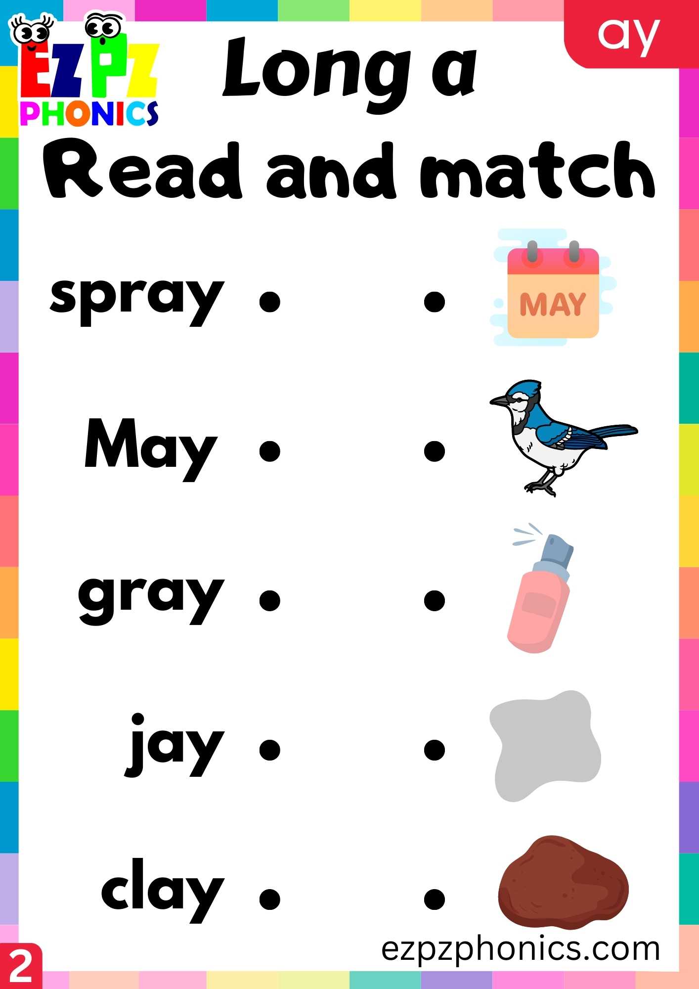 Group2 AY Words Read And Match Long A Phonics Worksheet